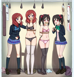 4girls arms_behind_back black_bra black_panties blush bondage bound bra clones closet doppelganger female_only femdom femsub gag gagged hoppanghairfei humiliation legwear lezdom love_live! multiple_girls multiple_subs panties pink_bra pink_panties purple_eyes red_eyes roll_of_tape rope school_uniform schoolgirl stripped tape_gag taped_mouth thighhighs tied_up yuri