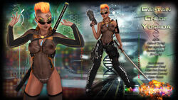 1girls 3d arms_up artist_name bare_shoulders becarra belt big_breasts busty chloe_yoshida curvy dark-skinned_female dark_skin detailed_background english_text erect_nipple erect_nipples eyelashes eyeshadow female female_only glasses gray_eyes gun headset holding_object hourglass_figure human katana leotard looking_at_viewer makeup mohawk nail_polish necklace orange_hair pants pose posing see-through shiny shiny_skin short_hair solo standing sunglasses sword tattoo text thong voluptuous weapon wide_hips