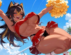 1girl 1girls :d ai_generated alternate_costume animal_ears arm_up armpits arms_up balecxi bangs bare_shoulders black_hair black_panties blonde_hair blue_eyes blue_sky blurry_background blush breasts brown_hair cheerleader clothing cloud covered_nipples crop_top crop_top_overhang crossed_bangs curvaceous curvaceous_female curvaceous_figure curvy curvy_figure dangle_earrings dark-skinned_female dark_skin day dehya_(genshin_impact) earrings female female_focus female_only footwear from_below genshin_impact hair_between_eyes hair_ears hair_intakes highleg highleg_panties holding holding_pom_poms hoyoverse inviting inviting_to_sex jewelry jumping large_breasts linea_alba long_hair looking_at_viewer midair midriff mihoyo miniskirt multicolored_hair navel no_bra open_mouth outdoors outstretched_arms panties panty_straps pleated_skirt pom_pom_(cheerleading) presenting presenting_ass presenting_breasts presenting_hindquarters presenting_pussy presenting_self red_skirt seductive seductive_look seductive_smile shirt shoes skirt sky smile sneakers socks solo stomach streaked_hair sweat teeth thick_thighs thighs thong toned triangle_earrings two-tone_hair underboob underwear very_sweaty voluptuous voluptuous_female white_socks yellow_pupils