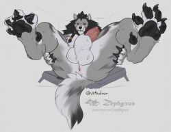 2026 animal_genitalia animal_penis anthro anus balls biped black_hair black_mane black_pawpads broken_bed butt canid canine canine_genitalia canine_penis claws dewclaw digital_media_(artwork) digitigrade erection feet finger_claws foot_focus fur genitals grey_body grey_fur hair male male_anthro mammal mane mjodvitnir multicolored_body multicolored_fur mythological_canine mythological_creature mythology pawpads paws penis presenting presenting_hindquarters red_eyes sheath solo spread_legs spreading toe_claws tusks werecanid werecanine werecreature werewolf white_balls white_body white_fur white_sheath zephyxus