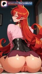 2026 highres hi_res electroworld patreon_username high_quality high_resolution artist_name stable_diffusion ai_generated 1girl 1girls patreon watermark exposed_pussy pointy_ears exposed_anus anus vagina solo ass looking_back skirt clitoral_hood pussy choker long_hair no_panties barefoot juicy_pussy sweat uncensored red_hair tight_anus butthole tight_pussy looking_at_viewer azazel_ameri mairimashita!_iruma-kun