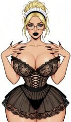 big_breasts big_lips black_lipstick black_nails blonde_hair blue_eyes glasses lace long_nails maid_headdress maid_outfit maid_uniform messy_bun messy_hair see-through_clothing skirt thick_thighs wide_hips
