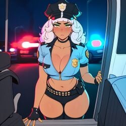 1girls ai ai_assisted ai_generated car dark-skinned_female fit fit_female league_of_legends police police_badge police_car police_hat police_officer police_uniform policewoman pov pov_male prussia123 qiyana_yunalai sexy sexy_body sexy_clothing sexy_female white_hair