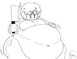 5_fingers artist_request belly_expansion belly_inflation cleaver cleaver_(weapon) fat fat_ass fat_female female female_focus hand_on_belly hand_on_weapon hellen_(look_outside) hockey_mask jeans look_outside looking_at_stomach looking_down masked masked_female obese obese_female sam_(look_outside) short_hair stomach tagme tight_clothing turtleneck turtleneck_sweater weapon weight_gain
