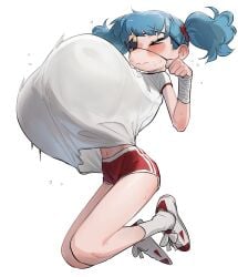 1girl big_breasts blush eyepatch frogsnake huge_breasts jump jumping original original_character solo solo_female