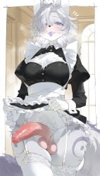 2026 5_fingers absurd_res anthro balls blep blush blush_lines border bottomwear breasts byeon_dha canid canine cheek_tuft chest_tuft claws clothed clothing clothing_lift cowlick eyelashes facial_tuft finger_claws fingers fluffy fluffy_tail foreskin fox fur fur_markings garter_belt garter_straps genitals gynomorph hair hair_over_eye half-erect hi_res humanoid_genitalia humanoid_penis inside intersex looking_at_viewer maid_uniform mammal markings pawpads penis pink_penis purple_eyes purple_pawpads purple_tongue skirt skirt_lift smile solo standing tail teal_eyelashes tongue tongue_out tuft uniform white_body white_border white_fur white_garter_belt white_hair window