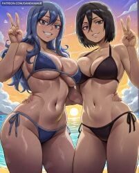 long_hair breasts looking_at_viewer smile short_hair blue_eyes multiple_girls large_breasts black_hair navel 2girls cleavage hair_between_eyes blue_hair swimsuit bikini cowboy_shot outdoors sky cloud grin wet v black_bikini side-tie_bikini_bottom ocean beach breast_press blue_bikini asymmetrical_docking mikasa_ackerman attack_on_titan shingeki_no_kyojin juvia_lockser fairy_tail ai_generated dandanhub