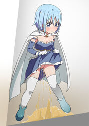 blue_dress blue_eyes blue_footwear blue_hair blush boots breasts cape cleavage clothing detached_sleeves dress dress_lift eyebrows_visible_through_hair female full_body gloves gradient gradient_background grey_background hands_up legs_apart lifted_by_self looking_down magical_girl mahou_shoujo_madoka_magica miki_sayaka minamimachi_naname no_panties peeing puddle pussy shiny_hair shiny_skin short_hair simple_background small_breasts solo standing strapless_dress tears thighhighs uncensored white_gloves white_legwear