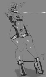 ball_gag bondage bound chastity chastity_cage chastity_device cock_cage collar femboy gag gagged heels high_heels leash lrks nipple_piercing panel_gag