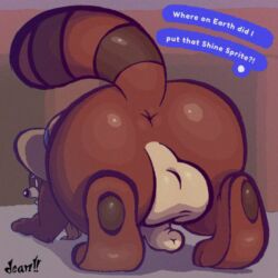 2025 all_fours anthro anus backsack balls butt canid canine clothing deanafterdark dialogue english_text genitals hat headgear headwear hi_res male mammal mario_bros nintendo raccoon_(super_mario_sunshine) raccoon_dog slightly_chubby solo super_mario_sunshine tanuki text