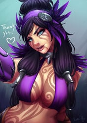 1girls 2018 big_breasts black_hair blue_eyes breasts celtic_mythology cleavage collar collarbone european_mythology eyelashes eyes feathers female female_only goddess hair hair_ornament hi-rez_studios large_breasts lips lipstick long_hair looking_at_viewer luminyu mythology pink_lipstick pinup purple_hair selfie smite solo solo_focus standing tagme tattoo tattoos the_morrigan_(smite) twintails