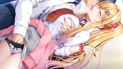 1boy 1girl black_hair blonde_hair breasts closed_eyes clothes_around_waist fingering french_kiss grabbing_another's_breast groping hair_ornament hair_scrunchie hairclip hand_in_another's_panties hand_in_panties hetero hinamori_yume hiragi_ringo indoors kiss large_breasts long_sidelocks namaiki_yume-chan_wa_onii_to_mechakucha_h_shitai! necktie official_art panties pants pink_scrunchie plaid_clothes plaid_skirt pussy_juice red_necktie scrunchie shirt side_ponytail sidelocks skirt skirt_lift skirt_lifted_by_another standing third-party_source underwear white_shirt wrist_scrunchie