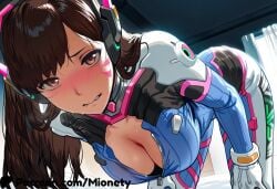 d.va_(overwatch) overwatch overwatch_1 1girl breasts bodysuit solo facial_mark brown_hair blush brown_eyes cleavage whisker_markings long_hair headphones looking_at_viewer sweat pilot_suit teeth medium_breasts gloves white_gloves facepaint bent_over clenched_teeth indoors unzipped nose_blush curtains character_name swept_bangs cleavage_cutout parted_lips window skin_tight artist_name ass embarrassed clothing_cutout all_fours ribbed_bodysuit armor dutch_angle zipper shoulder_armor downblouse bracer large_breasts turtleneck high_collar blue_bodysuit english_text day center_opening biting_own_lip hanging_breasts border breath shoulder_pads mionety ai_generated