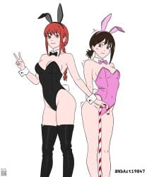 female_only female female_focus long_hair short_hair elbows collarbone shoulders fingers cleavage sideboob medium_breasts large_breasts breasts navel belly_button thighs knees groin slim_waist slim_female narrow_waist slender_waist slender_body lean_figure wide_hips white_background simple_background highres high_resolution standing looking_at_viewer digital digital_media digital_art digital_drawing digital_media_(artwork) digital_drawing_(artwork) 2d 2d_(artwork) 2d_artwork drawing 2girls multiple_girls multiple_females chainsaw_man makima_(chainsaw_man) red_hair red-haired_female yellow_eyes yellow-eyed_female braid braided_hair braided_ponytail ponytail adult adult_female mature_female mature ringed_eyes ring_eyes busty busty_female kobeni_higashiyama brown_hair brown-haired_female brown_eyes brown-eyed_female white_pupils hairclip hair_clip hairclips hair_clips japanese_female japanese_girl japanese_woman mole mole_on_body mole_on_face mole_under_eye mole_under_mouth mole_on_cheek tilted_head head_tilt looking_down looking_down_at_viewer nervous nervous_face nervous_expression shy_girl shy_female nervous_female shy shy_expression smile smiling smiley_face smiling_at_viewer closed_mouth_smile sign v v_sign peace_sign bunnygirl bunny_costume bunnygirl_outfit bunny_tail bunnysuit leotard topwear bunny_ears pink_bunnysuit black_bunnysuit pink_leotard black_leotard pink_topwear black_topwear pink_bunny_ears black_bunny_ears pink_hairband black_hairband collar white_collar wrist_cuffs white_wrist_cuffs bowtie black_bowtie pink_bowtie average_breasts inframammary_fold hand_behind_back arm_behind_back inguinal_crease inguinal_ligament legs_closed legs_together thighs_together thighhighs thigh_highs legwear stockings black_thighhighs black_thigh_highs black_legwear black_stockings bare_skin bare_shoulders bare_chest bare_arms bare_armpits bare_hands bare_hips bare_thighs bare_legs bare_knees bare_calves exposed_skin exposed_shoulders exposed_chest exposed_arms exposed_armpits exposed_hips exposed_thighs exposed_legs curvy curvy_figure curvy_body curvy_female curvy_hips curvaceous curvaceous_figure curvaceous_body curvaceous_female curvaceous_hips short_ponytail twitching quiver spasms twitch_lines nbart19047