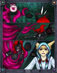 2024 angry anthro areola armor bald big_breasts big_ears big_tail black_areola black_body black_border black_fur black_nipples blue_clothing border bracers breasts brown_eyes canid canine clenched_teeth clothed clothing collar comic dialogue digital_media_(artwork) duo eliana-asato english_text erect_nipples fangs felid feline female fennec_fox fingers forest forest_background fox front_view fur gem hair hi_res holding_object hood khloe_(eliana-asato) long_hair looking_at_another looking_at_viewer looking_back lying magic_clothing mammal melony_(eliana-asato) monster multiple_scenes nipples nude on_front one_eye_closed open_mouth outside plant portrait profanity red_gem red_hair restrained restrained_by_tentacles scared shocked side_view solo speech_bubble standing tail tan_body tan_fur teeth tentacle_creature tentacles text tree true_fox tuft weapon white_clothing yellow_eyes