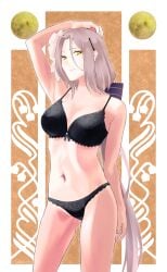 paid_reward_available sugac aug_(girls'_frontline) girls'_frontline 1girls female female_only feet_out_of_frame underwear panties bra arm_up armpits navel grey_hair long_hair yellow_eyes mole mole_under_eye looking_at_viewer expressionless emotionless closed_mouth
