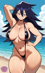 ai_generated jorgecarlosai watermark midnight_(my_hero_academia) my_hero_academia boku_no_hero_academia big_breasts breasts swimsuit black_swimsuit slingshot_swimsuit slingshot_bikini revealing_clothes revealing_swimsuit dark_skin dark_blue_hair blue_eyes smile busty busty_female female female_only female_focus hips thighs sexy navel toned mommy mommy_kink mommy_milkers armpits armpit_fetish hand_behind_head hand_on_hip sexy_pose dynamic_pose posing beach sand water long_hair sensei professor teacher superheroine sexy_female sexy_body