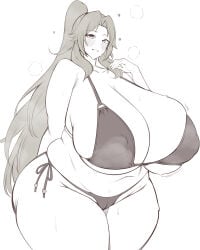 hyper_breasts hyper gigantic_breasts thick_thighs wide_hips gigantic_ass ass_visible_through_thighs bikini black_bikini mature_female nipple_bulge blush smile grin sweaty heart sweat steam curvy venus_body