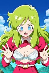 1girls ai_generated background belt bra brianne_de_chateau clothed clothes_ripped cyan_eyes d3rmal dragon_ball dragon_ball_super female green_eyes long_hair looking_at_viewer medium_breasts outdoors pinku.ai red_clothing shocked_expression shocked_eyes sky solo tagme