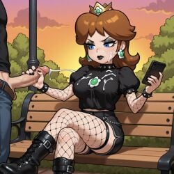 wekilled_god ai_generated pixai nintendo princess_daisy mario_(series) goth brunette crown fishnets boots black_lipstick eyeshadow blue_eyes earrings spiked_bracelet outdoors handjob cum 1boy1girl cum_on_face cum_on_clothes using_phone legs_crossed sitting jerkingoff_another uninterested long_eyelashes stern_expression shorts fishnet_stockings fishnet_armwear gripping_cock ejaculation public