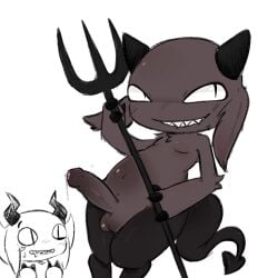 anonymous_artist bodily_fluids cloaked_demon_(mewgenics) duo genital_fluids hi_res holding_object horn hot_poker_(mewgenics) humanoid male male/male precum sharp_teeth standing teeth