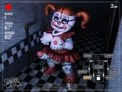 3d big_breasts big_penis camera_view circus_baby circus_baby_(fnaf) clown five_nights_at_freddy's five_nights_at_freddy's:_sister_location futanari green_eyes groping groping_own_breasts hallway mechanical_penis on_model penis red_hair robot skirt solo yaarnwurm