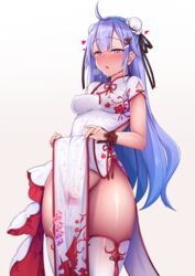 ahoge azur_lane black_ribbon blush breasts breath bun_cover china_dress chinese_clothes covered_nipples dildo dress dress_lift eyebrows_visible_through_hair female gradient gradient_background groin hair_bun hair_ribbon heart highres hiroyuki_koto long_hair looking_at_viewer masturbation medium_breasts no_panties object_insertion open_mouth pelvic_curtain purple_eyes purple_hair ribbon see-through shiny shiny_skin simple_background solo standing sweat thighhighs unicorn_(azur_lane) vaginal_object_insertion vaginal_penetration vibrator vibrator_under_clothes wet wet_clothes white_dress white_legwear wrist_cuffs