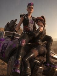 2girls ai_generated big_ass big_butt big_thighs black_hair blue_hair car domination female female_only fortnite fortnite:_battle_royale light-skinned_female pink_hair punk punk_girl raider ringmaster_scarr_(fortnite) sexy_pose srimbievil58 sweat the_machinist_(fortnite) video_games wasterland yuri