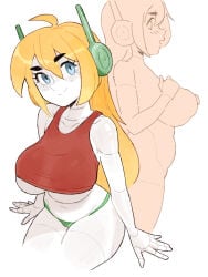 1girl alt_text alternate_breast_size_(larger) android blonde_hair blue_eyes breasts cave_story colored_skin commentary curly_brace effy_neprin english_commentary freckles green_panties joints long_hair looking_at_viewer midriff navel nipples panties red_tank_top robot_ears robot_joints simple_background sineprin smile tank_top thighs underwear white_background white_skin