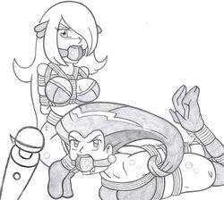 arms_behind_back ball_gag bondage boots bound bound_together cynthia_(pokemon) femsub gag gagged high_heel_boots hitachi_magic_wand hogtie human jessie_(pokemon) monochrome multiple_girls multiple_subs pokemon rope thigh_boots vibrator zalder-sm