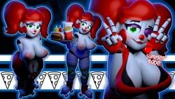 3d arms belly_button biting_lip black_bra bra breasts breasts_out burger circus_baby_(fnaf) cleavage double_v five_nights_at_freddy's five_nights_at_freddy's:_security_breach food freckles green_eyes heart heart-shaped_pupils jordevoir leggings lipstick nipples pigtails pizza red_eyes robot robot_girl roller_skates scottgames servant socks solo summer_of_87_baby teeth thick_thighs tooth_gap v_sign waitress wide_hips