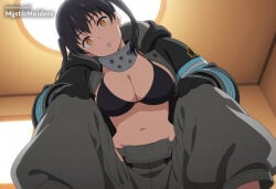 1girl ai_generated anime anime_style baggy_pants bikini black_bikini black_coat black_gloves black_hair breasts cleavage coat en'en_no_shouboutai enen_no_shouboutai fire_force from_below gloves grey_pants hands_on_own_knees hentai hi_res indoors jacket kotatsu_tamaki large_breasts long_hair long_sleeves looking_at_viewer midriff mystic_maidens navel open_clothes open_coat orange_eyes pants parted_lips patreon solo squatting swimsuit tamaki_kotatsu twintails yellow_eyes