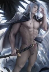 1boy black_wings final_fantasy final_fantasy_vii holding_weapon human male male_focus male_only muscle nipples nude nude_cover nude_filter nude_male nudity penis sakimichan sephiroth smile smiling solo solo_focus standing uncensored white_hair wings