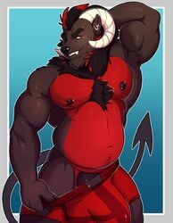 anthro big_bulge body_hair bulge canine chest_hair clothed clothing demon goat horn huge_bulge hybrid knuxlight looking_at_viewer male male_only mammal musclegut muscular muscular_male nipple_piercing nipples pecs piercing red_fur smile solo tight_clothing topless