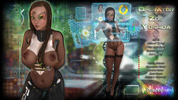 1girls 3d artist_name becarra big_breasts brown_hair busty curvy dark-skinned_female dark_skin detailed_background english_text erect_nipple erect_nipples eyelashes eyeshadow female female_only fishnet fishnet_stockings footwear gray_eyes high_heels hourglass_figure human legwear leotard long_hair looking_at_viewer makeup mohawk pants pose posing see-through shiny shiny_skin solo standing stockings tattoo text thong voluptuous weapon wide_hips zoe_yoshida