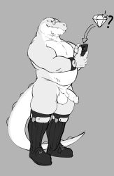 alligator alligatorid balls belly cellphone clock clothing crocodilian diamond_(gem) electronics footwear footwear_only garter_straps gem genitals hi_res jrjresq male monochrome mostly_nude nude_male penis phone reptile scalie smartphone socks socks_only solo_focus tail watch wristwatch
