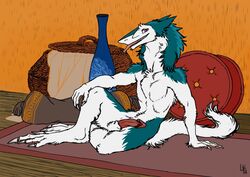 2018 anthro balls erection fur looking_at_viewer lynxwolf male mammal nude penis sergal sitting smile solo tongue tongue_out