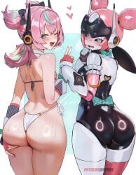 2girls ai_generated angels_of_delusion aria_(zenless_zone_zero) aria_(zenless_zone_zero)_(human_form) aria_(zenless_zone_zero)_(robot_form) ass ass_grab bangs big_ass bikini blue_eyes blush bow breasts dirresponsibly dual_persona eyebrows_visible_through_hair fingerless_gloves from_behind gloves headphones heart huge_ass looking_at_viewer looking_back multiple_girls nervous one_eye_closed open_mouth pink_hair robot robot_girl small_breasts smile swimsuit tagme thighhighs twins zenless_zone_zero