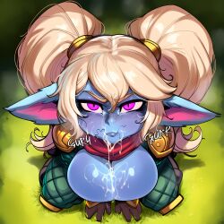 after_oral after_paizuri ai_generated bukkake bustybunz chewing_cum cum_in_mouth gigantic_breasts gokkun huge_breasts kneeling league_of_legends poppy short_stack shortstack stray_pubic_hair twintails yordle
