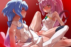 2girls animal_ears armpits blue_eyes blue_hair blush boots bottomless breasts cat_ears cat_tail censored covered_nipples dress dress_lift erect_nipples green_eyes grey_legwear gundam gundam_build_divers legs long_hair momo_(gundam_build_divers) mosaic_censoring multiple_girls no_panties open_mouth pink_hair ponytail red_background sarah_(gundam_build_divers) shirt simple_background sitting sleeveless sleeveless_dress sleeveless_shirt small_breasts smile spread_legs tail thigh_boots thighhighs tribadism wanaata white_dress white_legwear white_shirt yashiro_momoka yuri