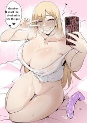 1girls big_breasts blonde_hair cellphone dildo english_text female gyaru kitagawa_marin kneeling large_breasts puzenketsu selfie sending_nudes sex_toy sexting solo sono_bisque_doll_wa_koi_wo_suru speech_bubble text