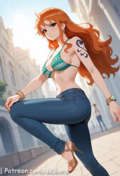 standing 1girls ai_generated ass ass_focus ass_grab belliora big_ass big_breast breasts earrings female female_focus female_on_cloth long-haired_female looking_at_viewer male nami_(one_piece) navel nipple_nude nipples nude one_piece closed_mouth orange-eyed_female orange-haired_female pink_nipple pussy sexy sexy_body sexy_female sexy_pose teeth younger_female