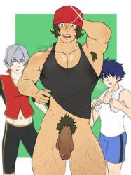 arm_behind_head armpit_hair armpit_hair_peek arms_behind_back big_legs changing_room hairy_arms hairy_legs idolmaster_side-m kityeou male_only michiru_enjoji precum_drip sweat sweat_stain sweaty_body takeru_taiga tank_top the_kogadou triceps uncut uncut_penis