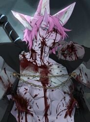 absurd_res anthro aquatic avali black_cloak black_clothing blood blood_in_mouth blood_on_clothing blood_on_face blood_on_hand blue_eyes bodily_fluids canid canine canis chain cloak clothing demon demonic depression fish grey_hands hair hi_res horn hudojishe hybrid ioshinori_(metal_sponge) male mammal melee_weapon muscular muscular_anthro muscular_male pink_hair pink_horn pink_nose shark solo sword weapon white_body wolf wounded