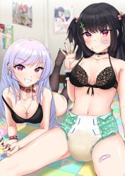 sypztep 2girls wet_diaper diaper bra spread_legs black_hair twintails grey_hair breasts choker collar multiple_girls highres absurd_res