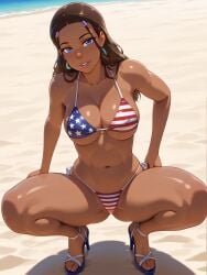 1girls ai_generated american_flag_bikini avatar_the_last_airbender beach big_breasts bikini curvy dark-skinned_female ebony female flag_bikini high_heel_sandals high_heels katara luger_982 perfect_body satisfied slim_waist squatting wide_hips