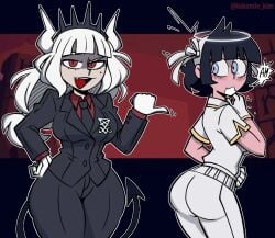 azazel_(helltaker) black_hair crown fully_clothed gloves halo helltaker horns liamvickers_98 long_hair lucifer_(helltaker) mole mole_under_eye sexy short_hair source_request suit tagme tail tie white_hair