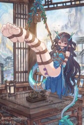 1girl absurdres anal anal_object_insertion arknights arms_behind_back artist_name barefoot bdsm blue_dress blush bondage bound bound_arms bound_legs china_dress chinese_clothes chinese_commentary cleave_gag cloth_gag commentary_request cup dated dildo dragon_girl dragon_horns dragon_tail dress drooling dusk_(arknights) dusk_(everything_is_a_miracle)_(arknights) earrings gag gagged green_horns highres horns improvised_gag jewelry long_hair looking_at_viewer multicolored_hair nero_augustus object_insertion pelvic_curtain pointy_ears pussy_juice red_eyes restrained saliva sex_toy shibari shibari_over_clothes side_slit solo streaked_hair suspension table tail tassel tassel_earrings teacup teapot toes vaginal vaginal_object_insertion very_long_hair