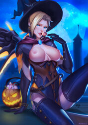 alternate_costume arm_support blizzard_entertainment blonde_hair blue_eyes bracelet breasts breasts_out candy earrings evasolo female food gloves halloween hat highres jack-o'-lantern jack-o'-lantern_earrings jewelry large_breasts lollipop looking_at_viewer mechanical_wings mercy moon night night_sky nipples overwatch parted_lips sitting sky smile solo star_(sky) starry_sky thighhighs wings witch witch_hat witch_mercy