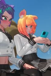 10_seconds 2girls assisted_exposure barely_visible_genitalia barely_visible_pussy bench blush carpet_matching_drapes cat_girl commando embarrassed enf_bee female female_focus female_only going_commando inspired_by lila_(enf_bee) momo_(enf_bee) mouse_girl no_panties no_panties_under_skirt no_sound orange_hair original_characters outdoors pubic_hair pubic_hair_peek purple_hair recording recording_embarrassing_event recording_on_phone recording_video school_uniform schoolgirl schoolgirl_uniform selfie short_video sitting_on_bench skirt skirt_lift skirt_lifted_by_another smartphone sudden_realization tagme thighhighs unaware upskirt vertical_video video